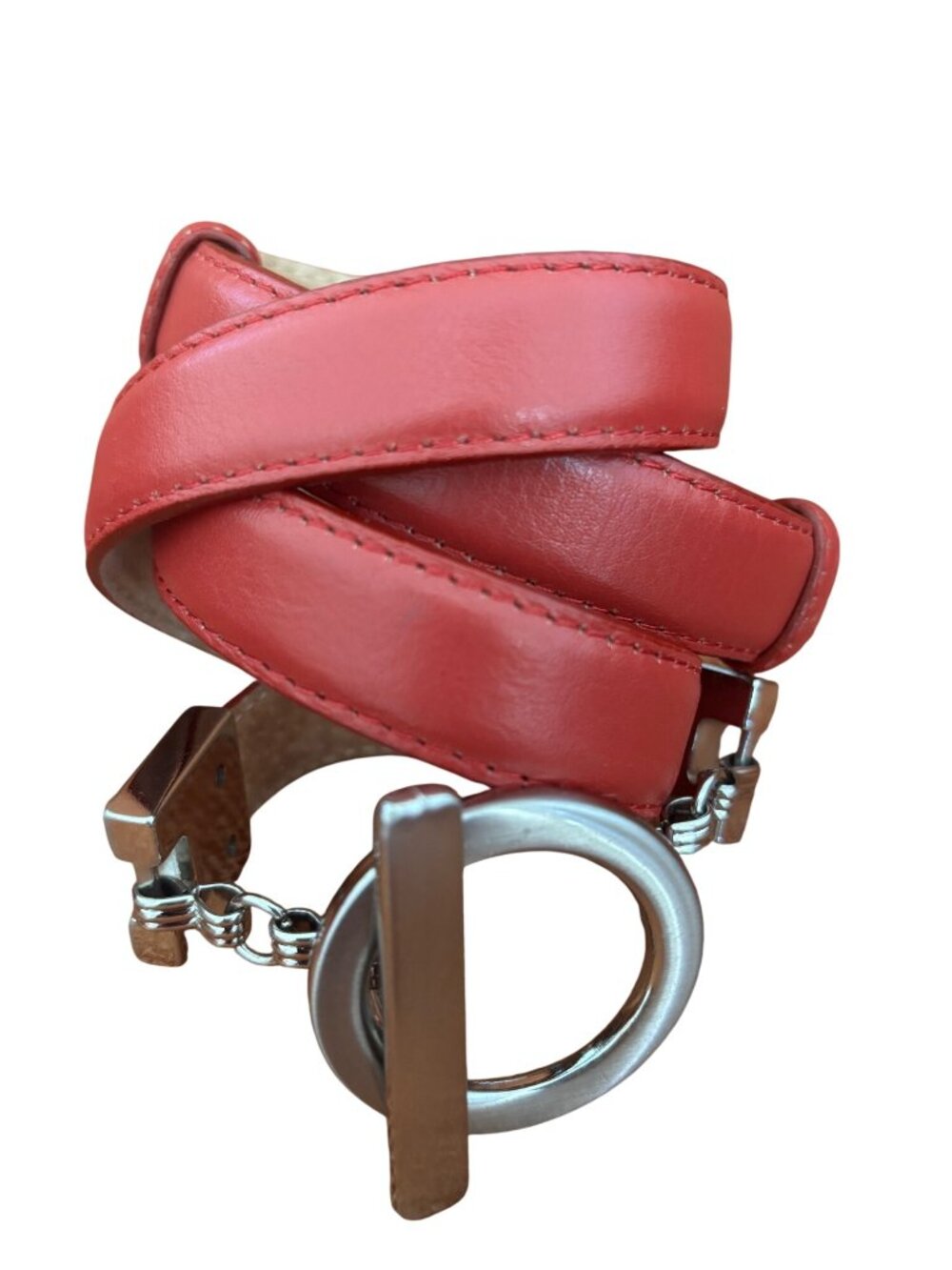 Red Leather Belt With Silver Hardware & Chain Accent Size XL Minimalist